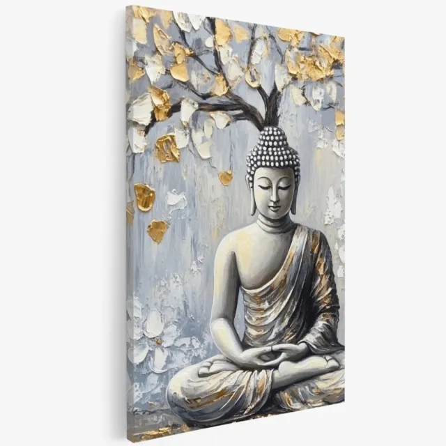 Saammp Canvas Schilderij - Boeddha met boom en goude bloemen - 50x70 - Foto op canvas - Wanddecoratie - Muurdecoratie Woonkamer - Canvas schilderijen Multicolor