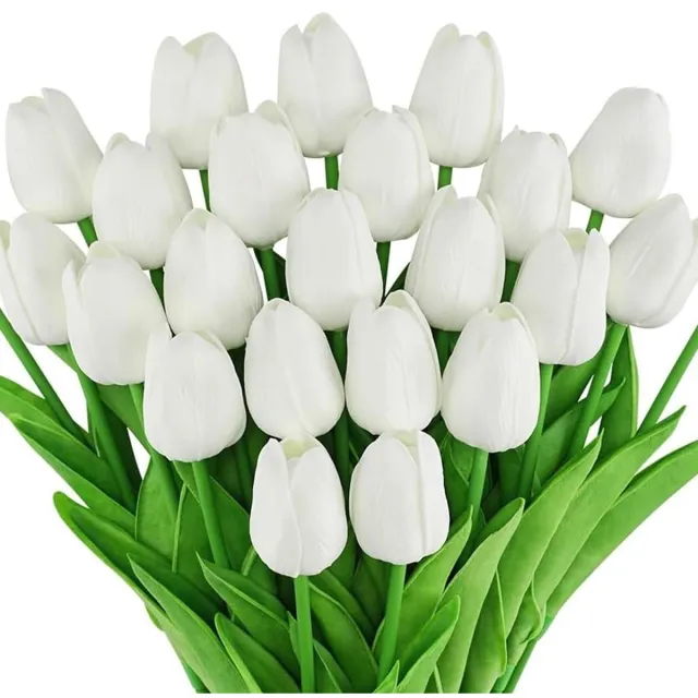 GelldG 20 Stuks Kunstbloemen - Zijden Tulpen - Lengte 33cm - Realistische Touch, Veelzijdig Inzetbaar als Decoratie - Geschikt voor Bruiloft, Feest, Thuis en Kantoor - Kunststof wit