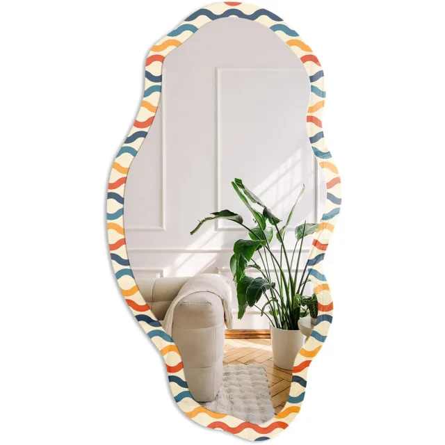 Coloray Golfenergie Spiegel - Romig Elegante Rechthoekige Wandspiegel - Organische Spiegel - Woonkamer, Kantoor, Hal - Geometrisch - 45x90 cm - Totale afmeting 52x97 cm Golfenergie, Crème