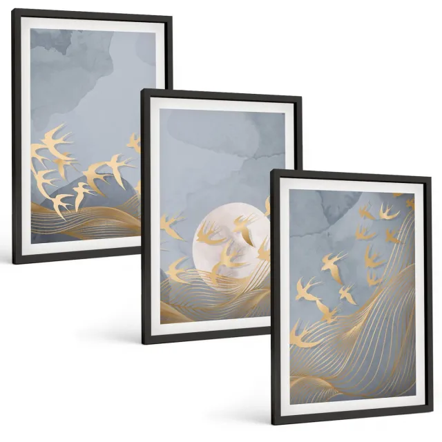 TULUP 4-Delige Schilderij Set - Vogels in vlucht tegen de hemel en de maan. - 40 x 60 cm - Moderne Wanddecoratie - Slaapkamer - Decoratieve Schilderijen Zwarte lijst