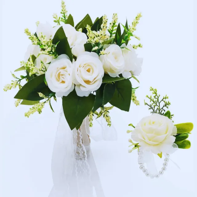 PEAM Romantisch Bruidsboeket En Pols Bloem - Kunstmatige Rozen Voor Bruiloft - Faux Zijde Bloemen Voor Bruid En Bruidsmeisje - Stijlvolle Bruiloftdecoratie Wit