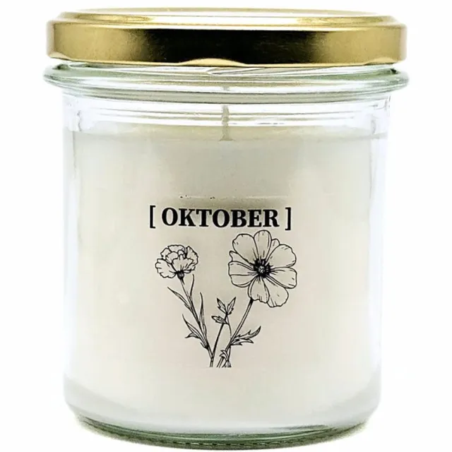 Candlelight-on geurkaars met geboortebloem en geboortedatum - 21 oktober - o.b.v. sojawas en etherische oliën Wit