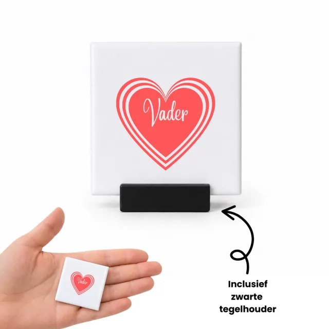 Hacebo Vader in koraalrood hart tegeltje met tegelhouder - Vader - Lieve vader - tegeltjes met tekst - Vaderdag cadeautje - Cadeau voor papa - Verjaardag - Geschenk - Cadeau - Gift - spreuktegels - 4.8x4.8 CM Wit
