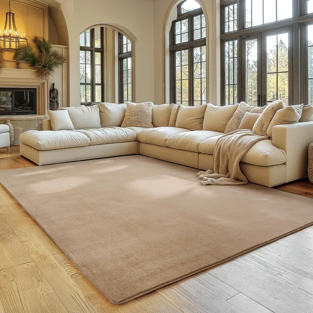 Famanu Vloerkleed in beige, 140x200 cm, wasbaar, korte stapel, antislip en zacht, modern effen design voor woonkamer en slaapkamer