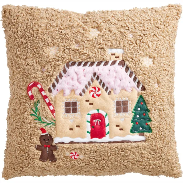 Home & Styling Sierkussen Kerst Teddy Peperkoeken Huisje - 45x45cm - Bruin