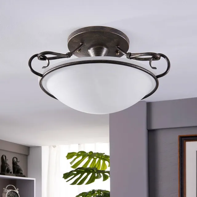 Lindby plafondlamp - 3lichts - Metaal, glas - H: 25 cm - E27 - zilver antiek, wit albast