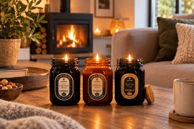 Laguiole 3 Heerlijke Geurkaarsen met kurkstop 170 g - Geuren: Whisky - Cognac - Rum - Geschenk - Cadeau - Bougie - yoga Bruin