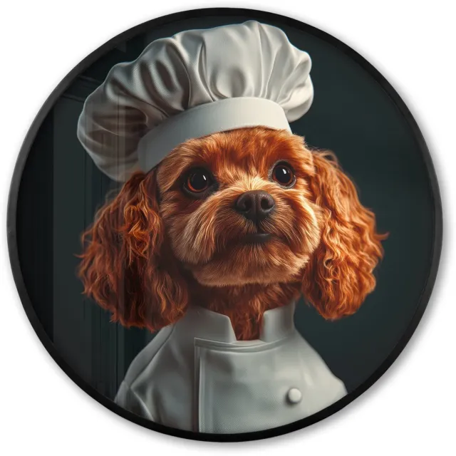 FrameYourWall Poster in lijst Rond - Fotolijst 80x80 cm - Posters - Bruin - Kok - Hondje - Ronde posterlijst zwart - Decoratie - Wanddecoratie woonkamer - Muurdecoratie slaapkamer Hondje - Kok