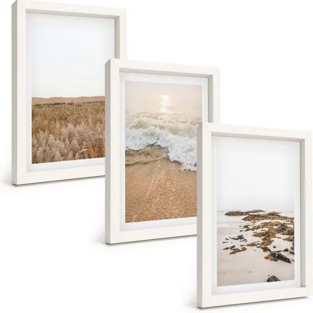 TULUP 3-Delige Schilderij Set - Strand met golven en zeestenen in de zomer - 20x30 - Wanddecoratie - Muurdecoratie - Moderne Interieurdecoratie - Interieur Decoratie Witte lijst
