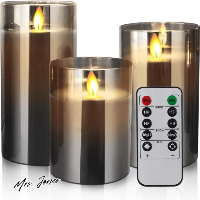 Mrs. Jones Elektrisch Vlamloze Ledkaarsen - Set van 3 met Bewegende Lont en Dansende Vlammen - Afstandsbediening en Timer - 1016 cm, 1270 cm en 1424 cm - Echte Was-Zuilkaarsen met Glas . Multi-color