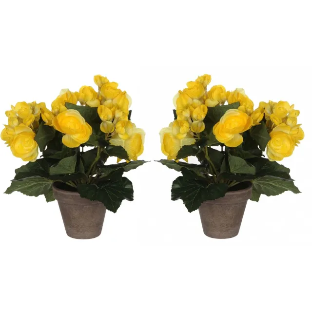 Mica Decorations Mica Decoration Kunstplant - 2x - begonia - geel - in pot - 25 cm - nepplanten