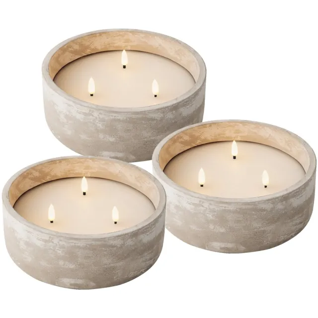 Lumineo LED buiten kaars met 3 lonten - 3x st - beton grijs - D20 x H8 cm - buitenkaarsen Betongrijs