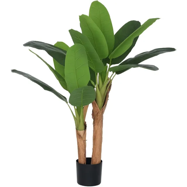 ITRONIQ Kunst Bananenplant 120 cm - Kunstplant Bananenboom Met 2 Stammen en 15 Bladeren - Levensecht - Inclusief Pot - Groen