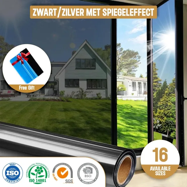 ZIA S & CO ZIA’S & CO-Raamfolie HR++60x300cm-Zonwerend & Isolerend-Anti inkijk-Statisch-Zwart/Zilver met Speigeleffect-Inclusief Rakel Zwart/Zilver met Spiegeleffect