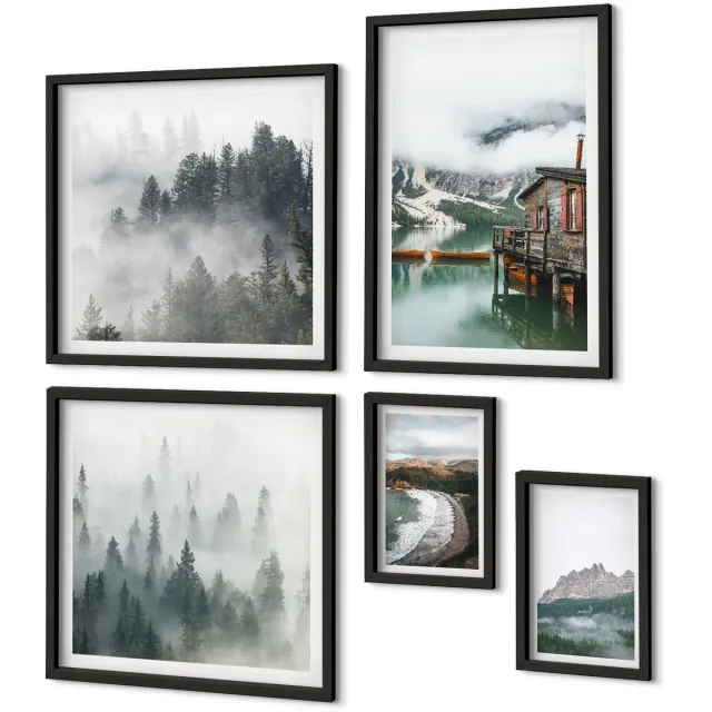Coloray 5-Delige Schilderij Set - Berglandschappen Met Huisjes Aan Het Water En In De Bossen. - 50 x 50 cm, 20 x 30 cm En 40 x 60 cm - Stijlvolle Muurdecoratie - Slaapkamer - Interieur Decoratie Zwarte lijst