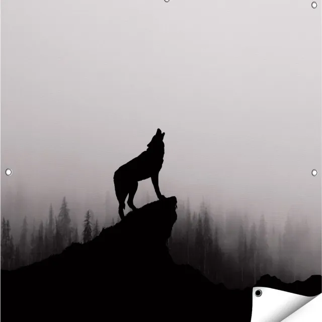 Gards Tuinposter Silhouet van een Huilende Wolf - Abstract - 90x90 cm - Tuindoek - Tuindecoratie - Wanddecoratie buiten - Tuinschilderij Multikleur