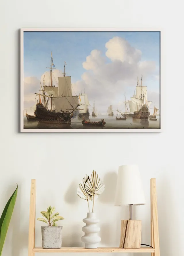 Esque Poster In Witte Lijst - VOC Schepen - Hollandse Schepen op een kalme zee - Gouden Eeuw - Large 50x70 cm
