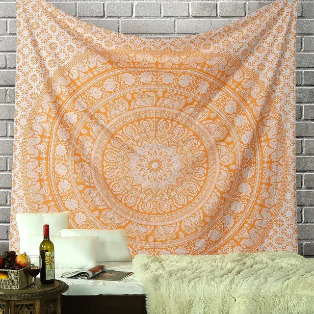 Unyqoos Bohemien Mandala Wandtapijt Olifantendessin voor Slaapkamer en Buitenruimtes - Groot Formaat oranje
