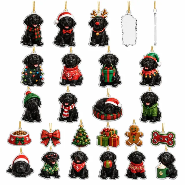 SWGOTA Adventskalender met 24 platte acrylhangers - Zwarte labradors en kerstmotieven - Met goudkleurige ophangkoordjes en doos