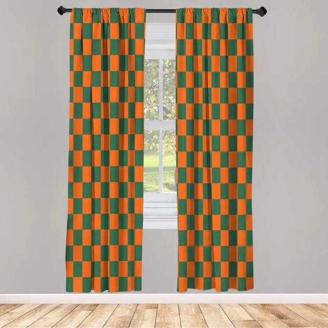 ABAKUHAUS Damspelgordijnen, Geometrisch damspelontwerp, set van 2 panelen voor woonkamer en slaapkamer, 150 cm x 245 cm, Groen Oranje