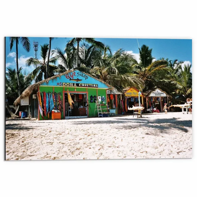 KuijsFotoprint Dibond - Winkeltjes op het Strand - 60x40cm Foto op Aluminium (Met Ophangsysteem) Blauw
