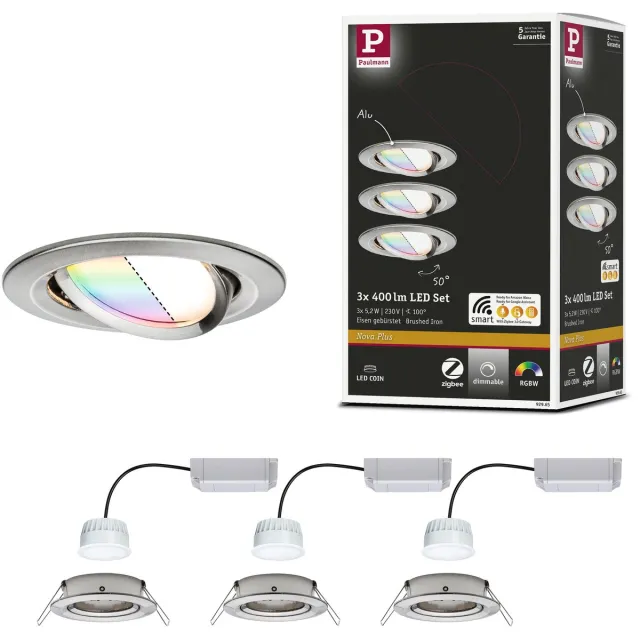 Paulmann LED-inbouwlamp Smart Home Zigbee 3.0 Nova Plus Coin Basisset zwenkbaar rond 84mm 50° Coin 3x5,2W 3x400lm 230V dimbaar RGBW+ Staal geborsteld