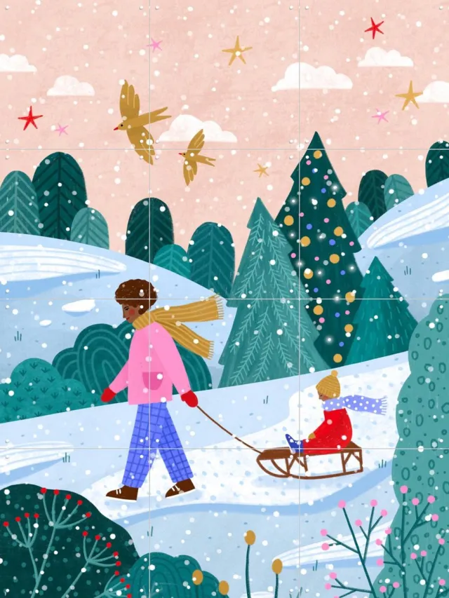IXXI Snowy Sledge Walk, Bea Müller & Various - 60 x 80 cm - Grote wanddecoratie en posters - Fantasierijk, Kleurrijk, Speels, Woonkamer, Gezin Groen