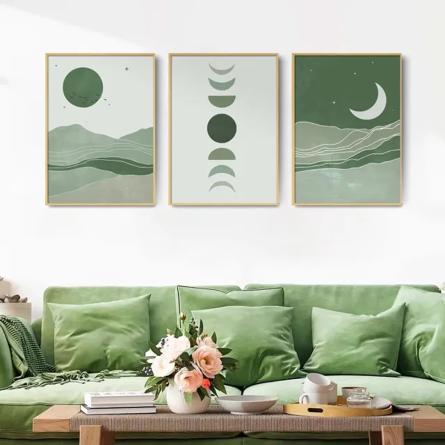 Unyqoos Set van drie vintage abstracte kunstposters op canvas voor interieurdecoratie groen