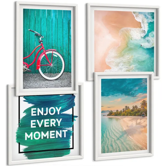 Coloray 4-Delige Schilderij Set - Zeezicht Met Boot En Fiets, Inspirerende Belettering - 40 x 40 En 40 x 60 - Decoratieve Schilderijen - Wanddecoratie - Hal Witte lijst