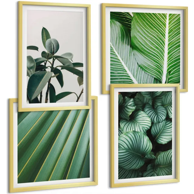 TULUP 4-Delige Schilderij Set - Esthetische tropische bladeren in diverse groene tinten - 40 x 40 cm en 40 x 60 cm - Decoratieve Schilderijen - Woonkamer - Interieur Gouden lijst