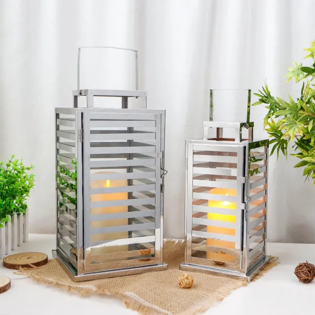 TRIROCKS Set van 2 RVS Decoratieve Lantaarns met Glas - Zilver