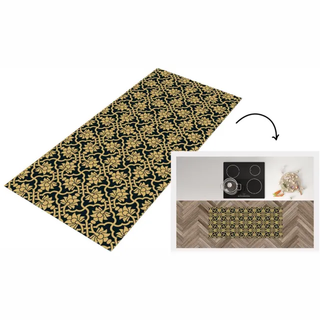 KitchenYeah Keukenloper - Loper keuken - Bloemen - Zwart - Goud - Patronen - Keukenloper vinyl Multicolor