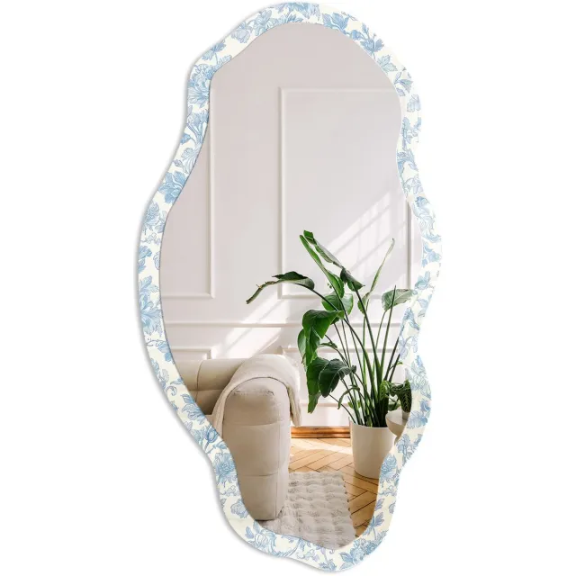 Coloray Bloemenpatroon Spiegel - Blauw Elegante Rechthoekige Wandspiegel - Organische Spiegel - Slaapkamer, Woonkamer, Hal - Klassiek - 45x90 cm - Totale afmeting 52x97 cm Bloemenpatroon, Blauw