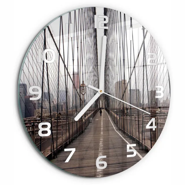TULUP Wandklok - Brooklynbrug Klok Glas Met Opdruk - fi30 cm - Bruin Moderne Wandklok Glas - Witte handen - Ronde Klok - Decoratieve Glazen Klok - Glazen Wandklok Design