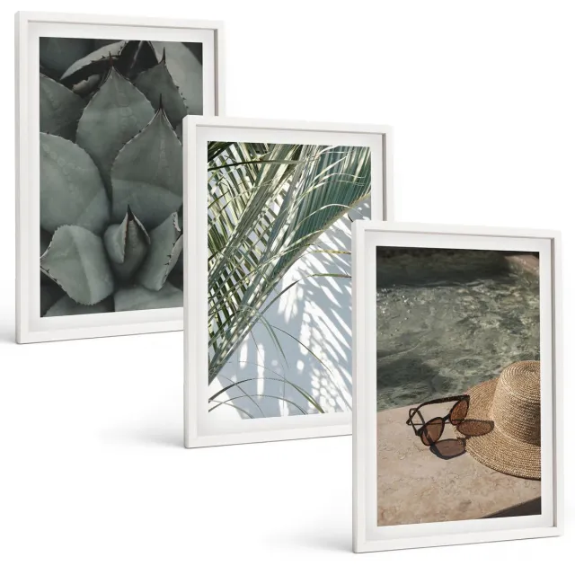 TULUP 3-Delige Schilderij Set - Tropische planten en zomerse decoraties - 40x60 - Wanddecoratie - Schilderijen Set - Interieur Witte lijst