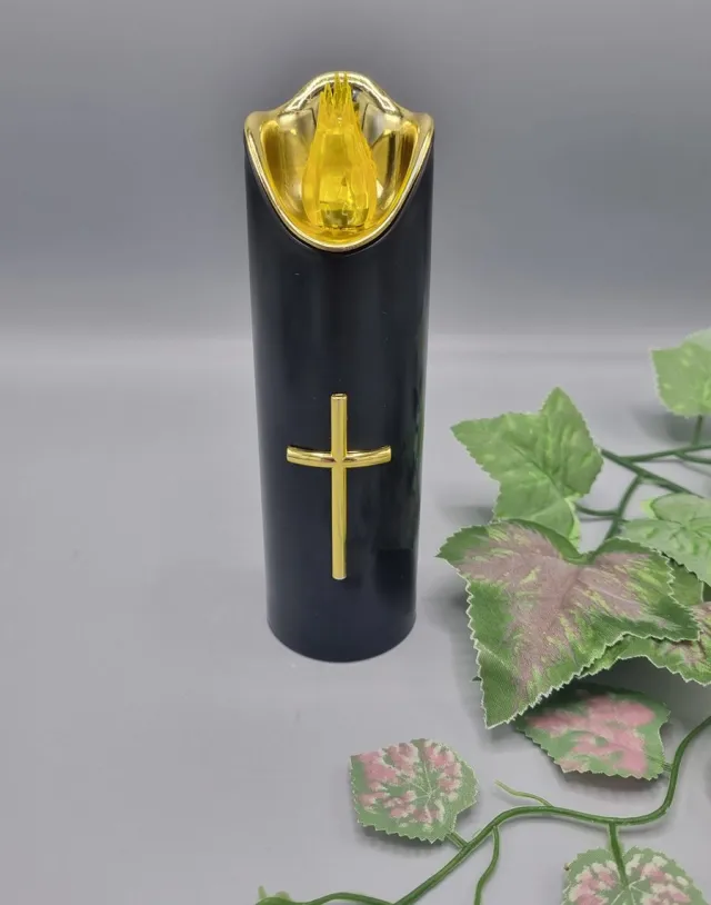 Cortina Led kaars - Rico - Zwart - Goud - Kruis - 175mm - 1200 branduren - Inclusief batterij - Flikkerend led - Grafkaars - Graflicht Zwart / Goud 175