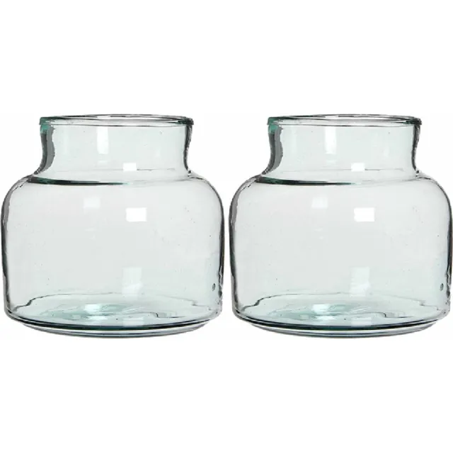 Mica Decorations Melkbus vaas - 2x - laag - transparant - 20 x 21 cm - glas - vazen - bloemenvaas - Boeketvaas - melkbusvaas