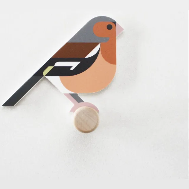 Hinghang Vogel Wandhaak / Kapstok haken - Vink bruin, oranje, zwart, grijs, wit