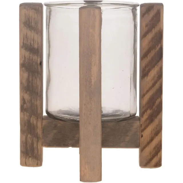 Bellatio Design Waxinelichthouders - op standaard - hout - 21 cm - Kaarsenhouders/lantaarns - Sfeer lichtjes Bruin