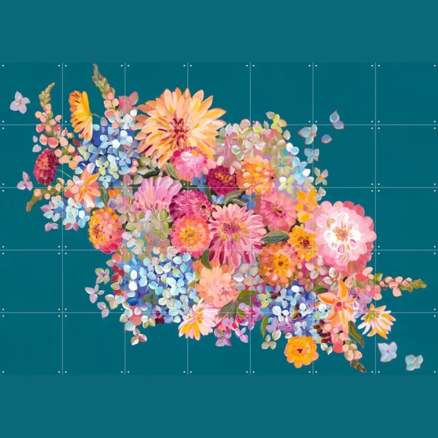 IXXI Big Bunch On Peacock Blue, Libby Chambers - 140 x 100 cm - Grote wanddecoratie en posters - Kleurrijk, Speels, Digitale Kunst, Fantasierijk Roze / Oranje / Blauw