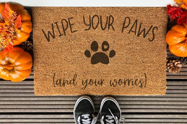 Laser Point Wipe Your Paws And Your Worries | 90x60 cm | Nieuwe huis cadeau | Ingangsmat | Deurmat met stijl | Verhuizing cadeau | Praktisch & trendy | Perfect voor binnenkomst | Cadeau voor nieuwe woning Bruin | Zwart (Gravering 90x60)