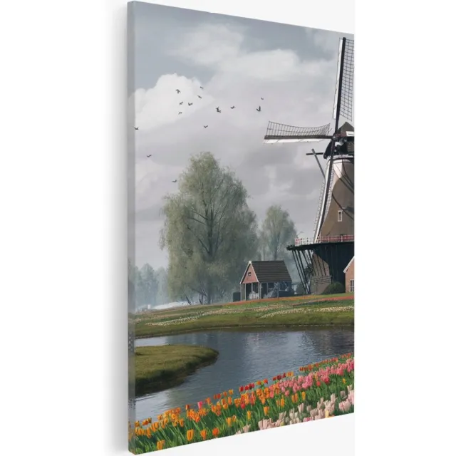 Saammp Canvas Schilderij - Tulpen met molen - Natuur - Landschap - 50x70 - Foto op canvas - Wanddecoratie - Muurdecoratie Woonkamer - Slaapkamer decoratie - Canvas Print Multicolor