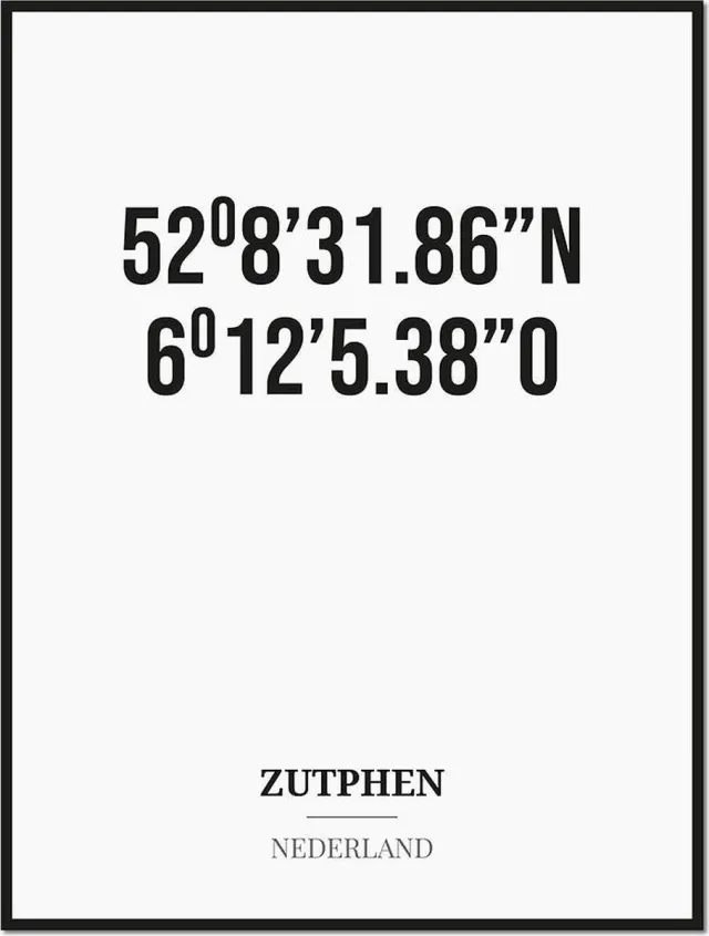 Studio216 Poster/kaart ZUTPHEN met coördinaten zwart, wit