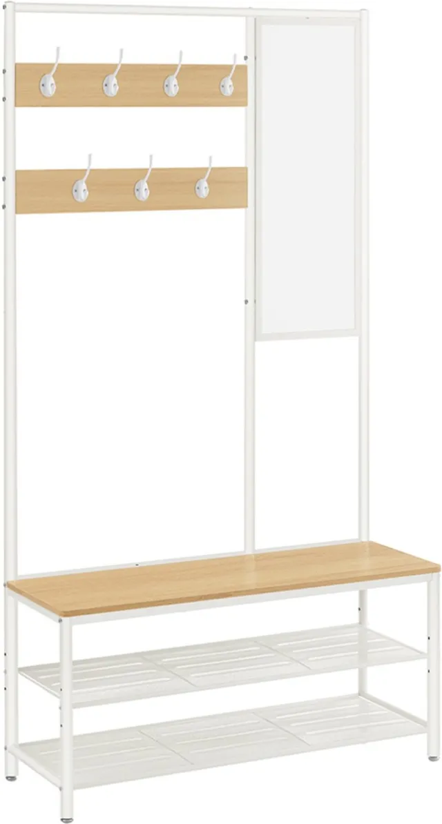 MAZAZU Kapstok met Schoenenrek & Bank – Inclusief Spiegel en Haken – Halmeubel Modern – 98 cm Breed – Eiken/Wit