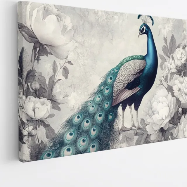Saammp Canvas Schilderij - Pauw met witte Bloemen - Dieren - Natuur - 30x20 - Foto op canvas - Wanddecoratie - muurdecoratie Woonkamer - Slaapkamer decoratie - Canvas Print Multicolor
