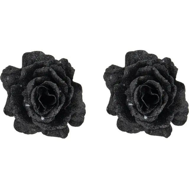 Cosy&Trendy Cosy & Trendy Roos op Clip - 2x stuks - zwart glitter - 10 cm - decoratiebloem - kerstversiering