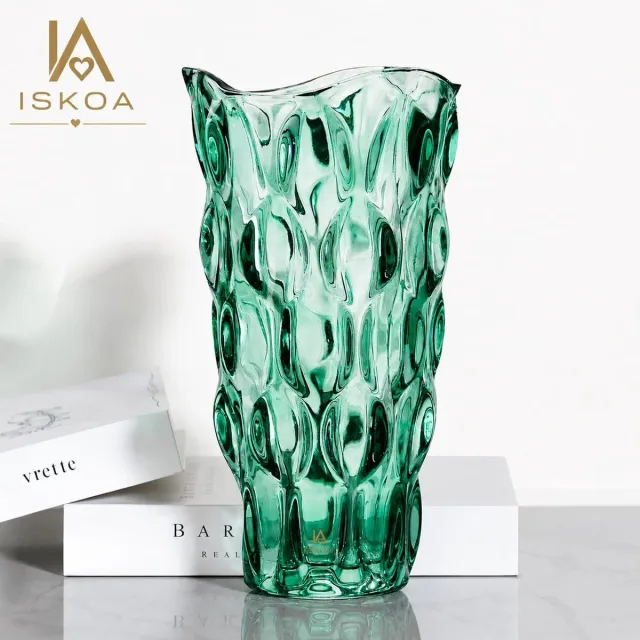 ISKOA Glazen vaas 9,5 inch - verdikt onbreekbaar glas - groen - voor bloemen, tafelstukken en boeket - 24 cm hoog