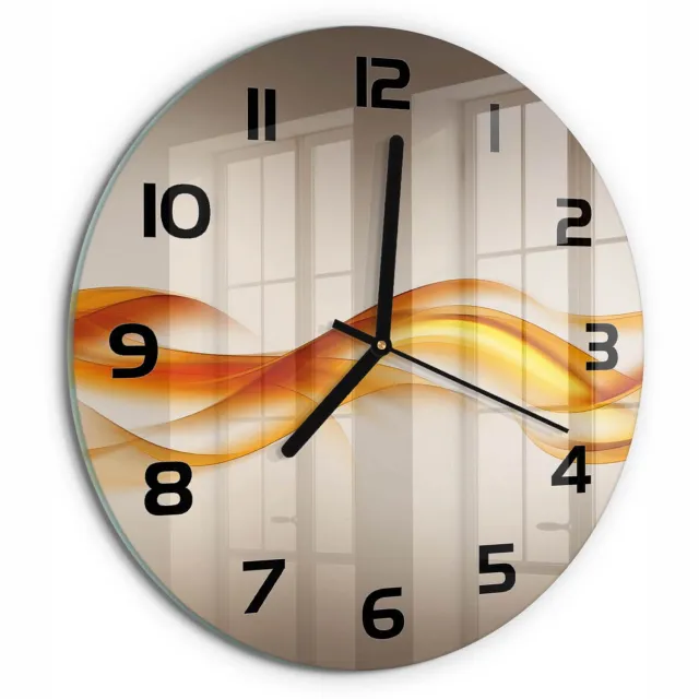 TULUP Wandklok - Golfabstractie Wandklok Glas Decoratie - fi30 cm - Oranje Gekleurde Glazen Klok - Zwarte handen - Ronde Klok - Klok Glas Met Opdruk - Moderne Wandklok Glas