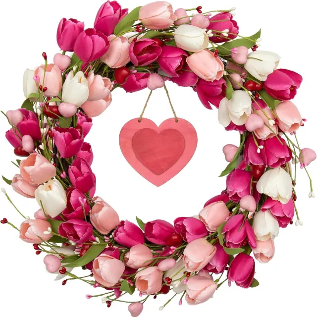 KZQ Valentijnsdag Krans Roze Met Tulpen 20 Inch 51 Cm Voor Deur Of Muur Binnen Bruiloft Terrassen En Veranda Feestelijke Decoratie