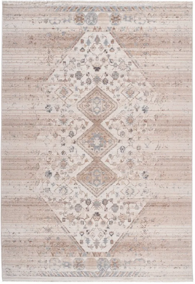Padiro elegant laagpolig vloerkleed 160 x 230 cm - lichtbeige - oosters vintage patroon - met franjes - voor vloerverwarming - van polypropyleen en katoen
